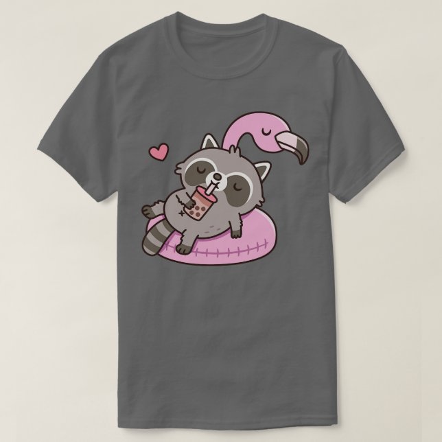Cute Raccoon g on Flamingo Pool Float T-Shirt (Design Front)