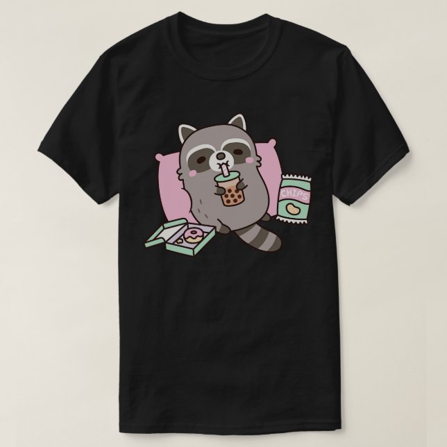 Cute Raccoon g With Boba Tea And Snacks T-Shirt (Design Front)