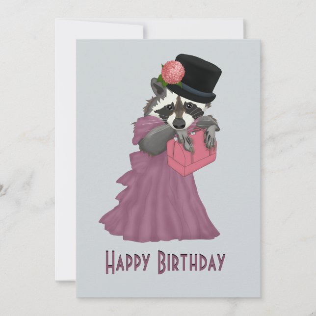 Cute Raccoon Girl in a pink dress Happy Birthday Holiday Card (Front)