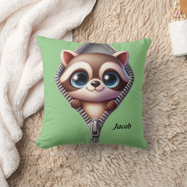Cute Raccoon Green Kids  Throw Pillow (Blanket)