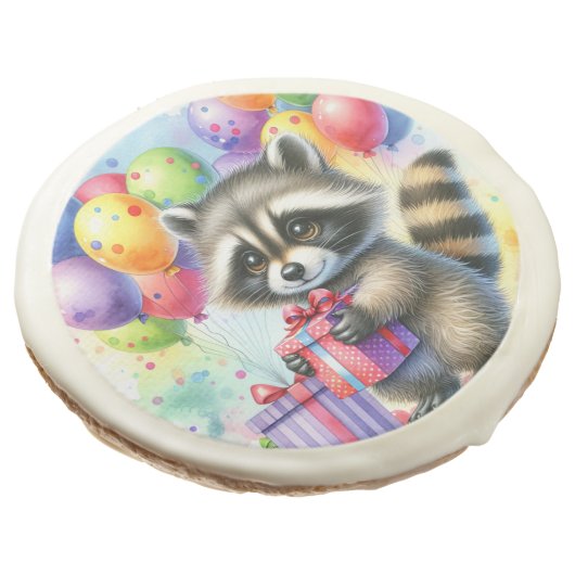 Cute Raccoon Happy Birthday Party Sugar Cookie (Angled)