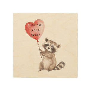 Cute Raccoon Heart Balloon Wood Wall Art