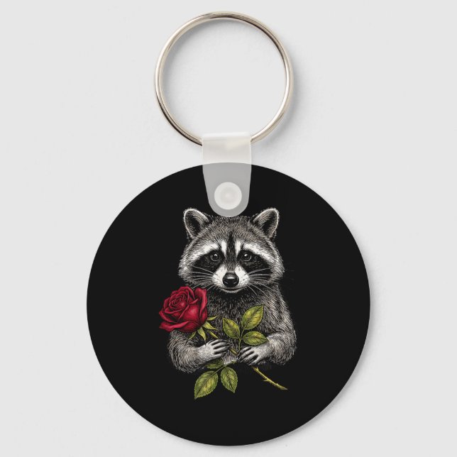 Cute Raccoon Holding A Red Rose Sweet Raccoon Love Keychain (Front)