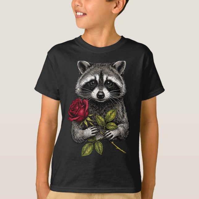 Cute Raccoon Holding A Red Rose Sweet Raccoon Love T-Shirt (Front)