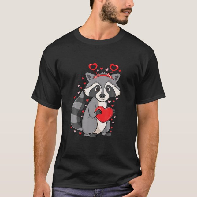 Cute Raccoon Holding Hearts Love Pattern Valentine T-Shirt (Front)