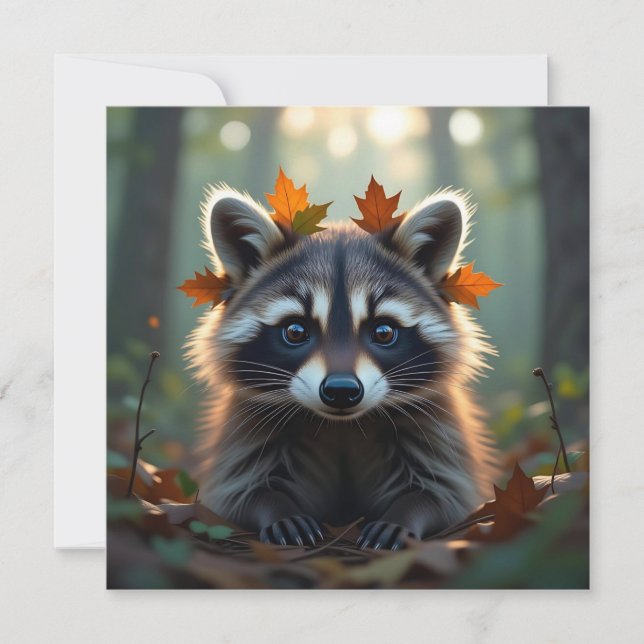 Cute Raccoon in Fall Leaves Card (Front)
