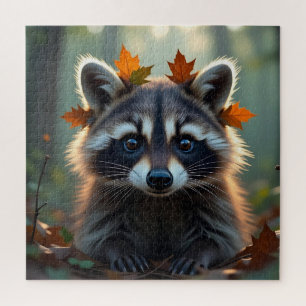 Cute Raccoon in Fall Leaves Jigsaw Puzzle