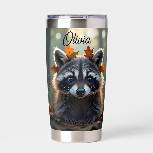 Cute Raccoon in Fall Leaves Personalized Insulated Tumbler (Front)