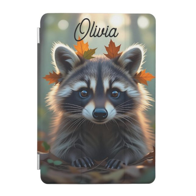 Cute Raccoon in Fall Leaves Personalized iPad Mini Cover (Front)