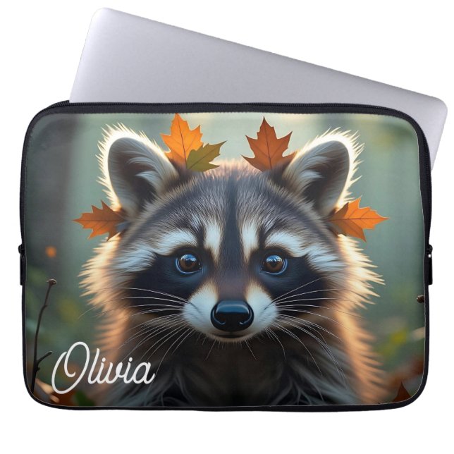 Cute Raccoon in Fall Leaves Personalized Laptop Sleeve (Front)