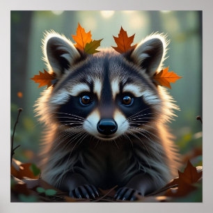 Cute Raccoon in Fall Leaves Poster
