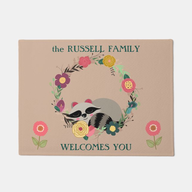 Cute Raccoon in Floral Wreath Doormat (Front)