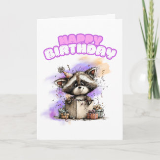 Cute Raccoon in Gift Box Happy Birthday Card