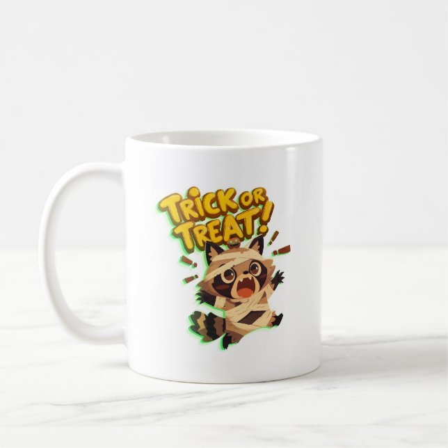 Cute raccoon in mummy costume with Trick or Treat  Coffee Mug (Left)