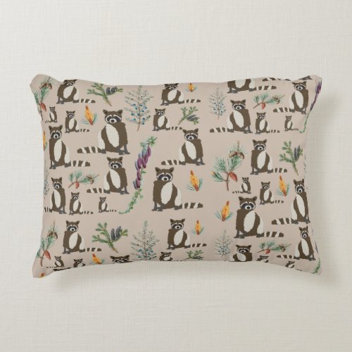 Cute Raccoon in Pine Forest Pattern  Accent Pillow