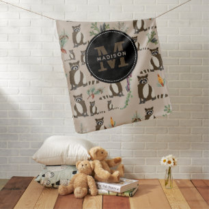 Cute Raccoon in Pine Forest Pattern Monogram Baby Blanket