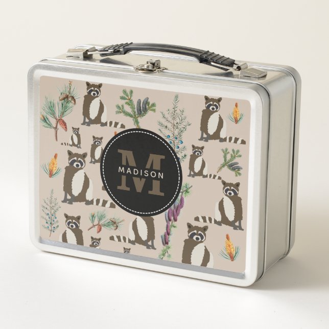 Cute Raccoon in Pine Forest Pattern Monogram Metal Lunch Box (Front)
