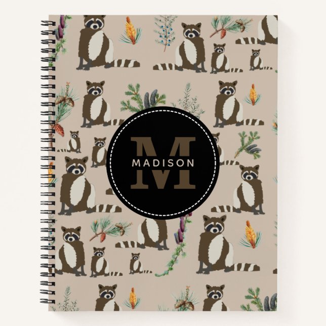 Cute Raccoon in Pine Forest Pattern Monogram  Notebook (Front)