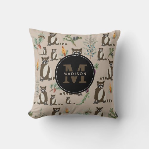 Cute Raccoon in Pine Forest Pattern Monogram Throw Pillow