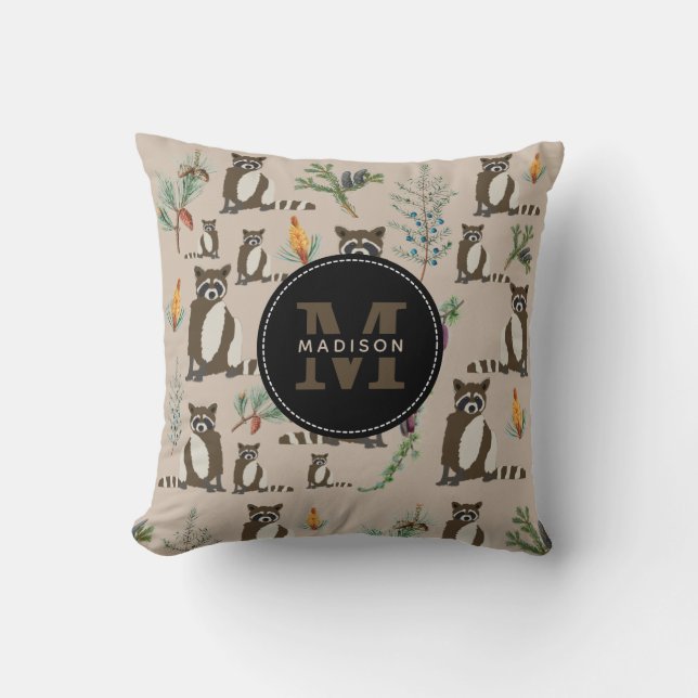 Cute Raccoon in Pine Forest Pattern Monogram Throw Pillow (Front)