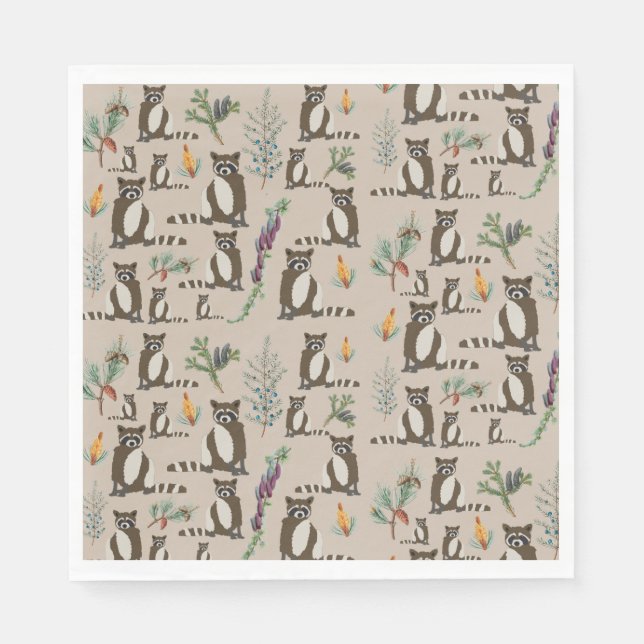 Cute Raccoon in Pine Forest Pattern Napkins (Front)