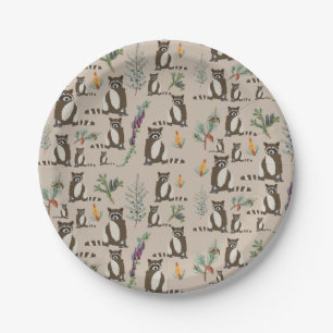 Cute Raccoon in Pine Forest Pattern Paper Plates