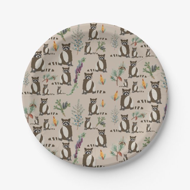 Cute Raccoon in Pine Forest Pattern  Paper Plates (Front)
