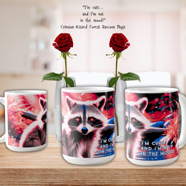 Cute Raccoon In Red Forest By Stream 15 oz. Coffee Mug ("I'm cute... and I'm not in the mood!" adorable forest raccoon highlighted in vibrant red coffee mug)