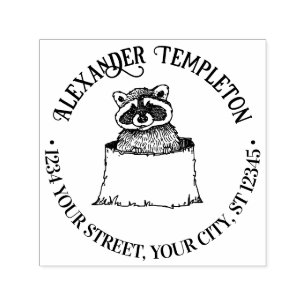 Cute Raccoon in Tree Stump Name Return Address Self-inking Stamp