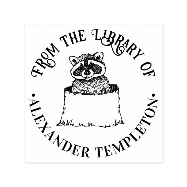Cute Raccoon in Tree Stump Round Library Book Name Self-inking Stamp (Design)