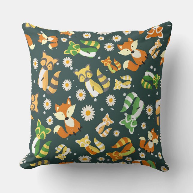 Cute raccoon jungle animals baby boy nursery blue throw pillow (Front)