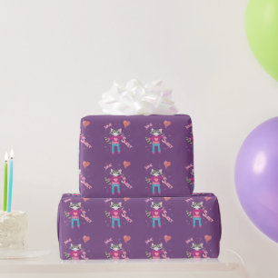 Cute raccoon kid Valentine's Day purple and pink Wrapping Paper