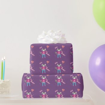 Cute Raccoon Kid Valentine's Day Purple And Pink Wrapping Paper by ArianeC at Zazzle