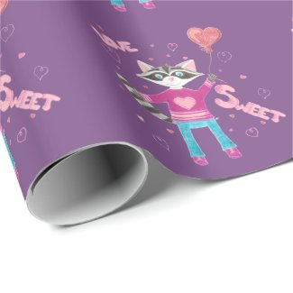 Cute raccoon kid Valentine's Day purple and pink Wrapping Paper