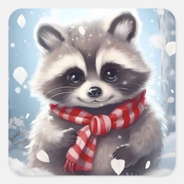 Cute Raccoon Knitted Scarf Square Sticker (Front)