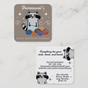 Cute raccoon knitting needles yarn crafts square business card
