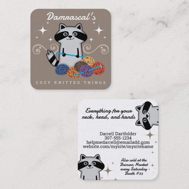 Cute raccoon knitting needles yarn crafts square business card (Front/Back)