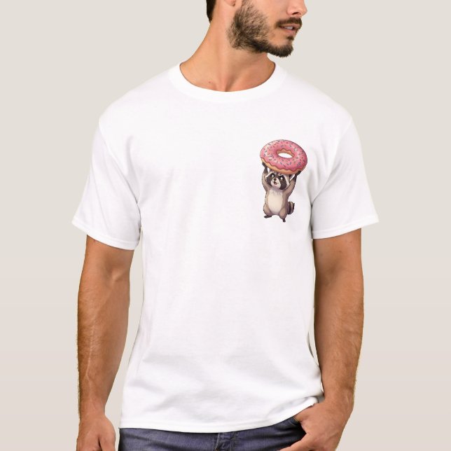 Cute Raccoon Lifting Giant Pink Glazed Donut T-Shirt (Front)