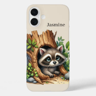Cute raccoon lovers add name iPhone 16 plus case