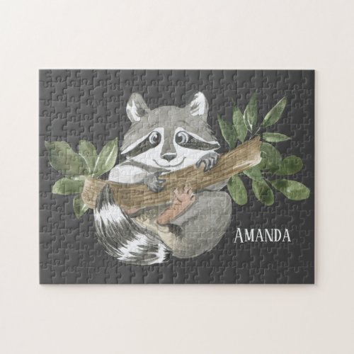 cute raccoon lovers add name jigsaw puzzle