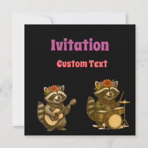 Cute Raccoon Music Lover Playing Guitar & Drum Invitation