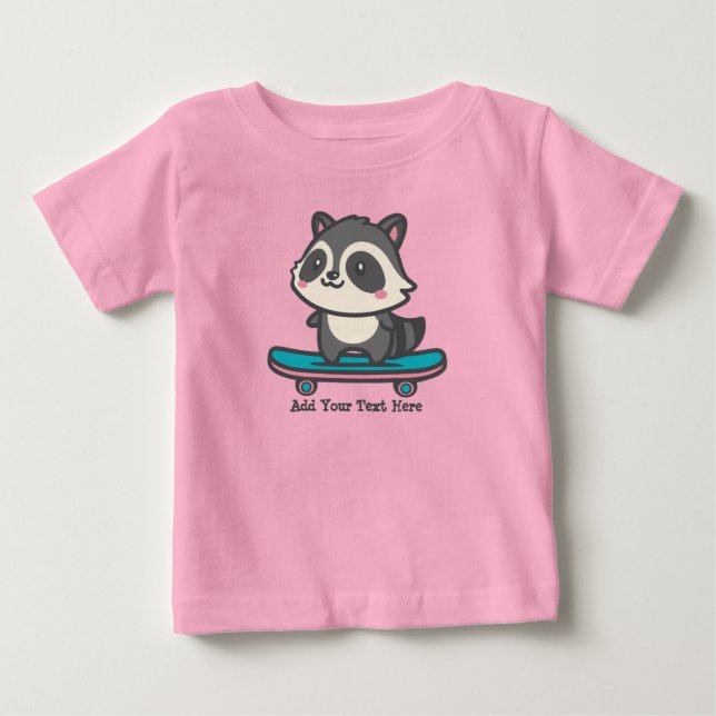 Cute Raccoon on a Skateboard Personalized Text  Baby T-Shirt (Front)