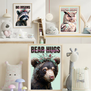 Cute Raccoon, Owl, and Bear Triptych Nursery Wall Art Sets