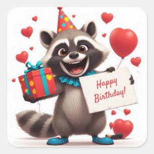 Cute Raccoon Party With Gift Box 🦝 Square Sticker