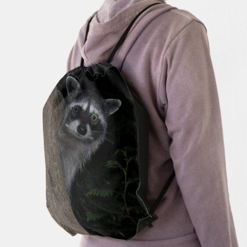 Cute Raccoon Peeking from Behind Tree Drawstring Bag