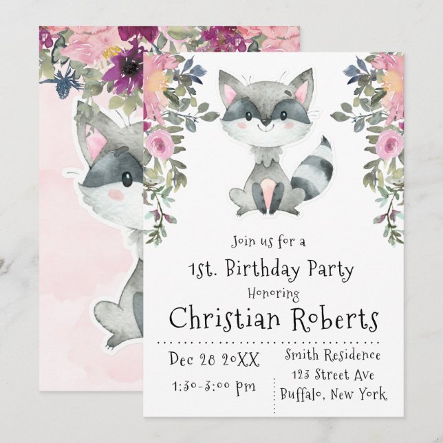 Cute Raccoon Peony Birthday Party Invitations  (Front/Back)