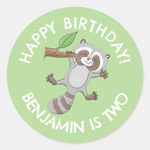 Cute raccoon personalized cartoon birthday classic round sticker