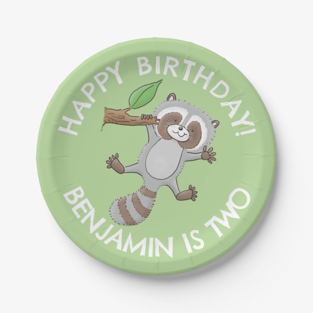 Cute raccoon personalized cartoon birthday paper plates (Front)