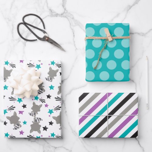 Cute Raccoon Polka Dots and Stripes Wrapping Paper Sheets