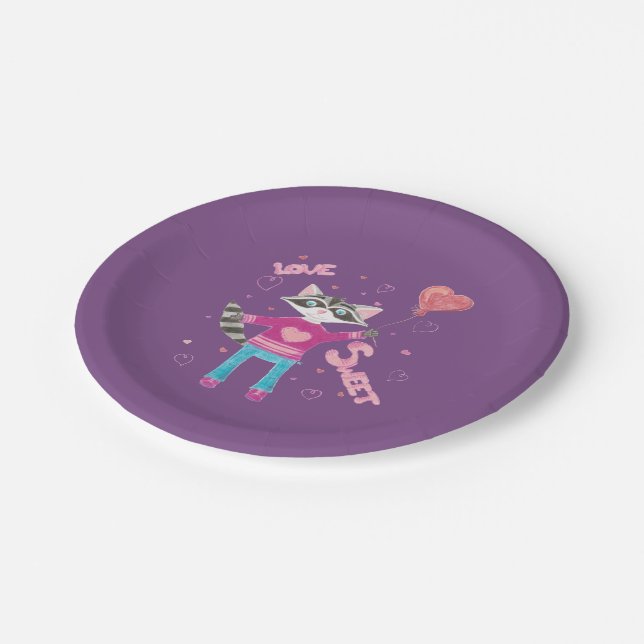 Cute raccoon purple kids Valentine's Day plates (Angled)
